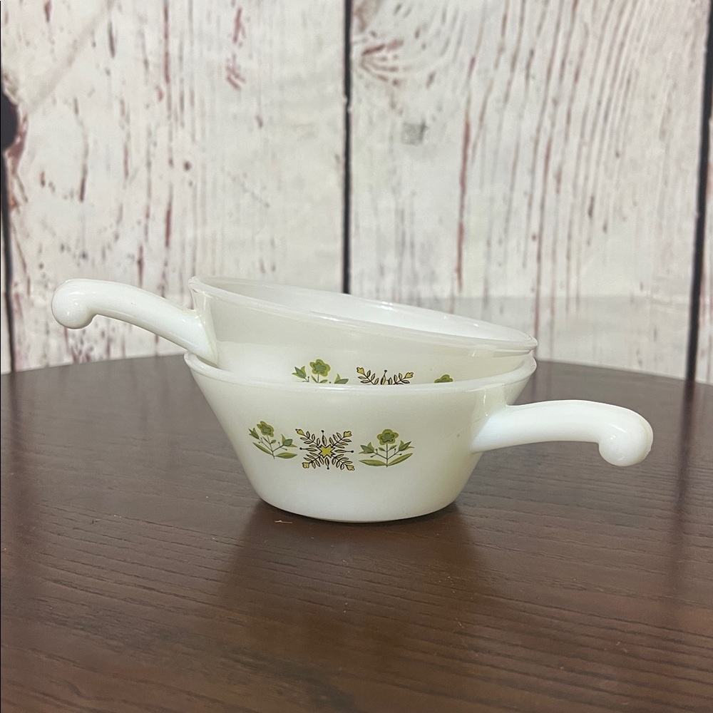 ANCHOR HOCKING Fire King ware Vintage White Soup Bowls with Green Floral Design